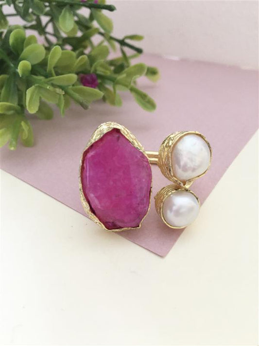 Rough Stone Two Pearl Adjustable Ring