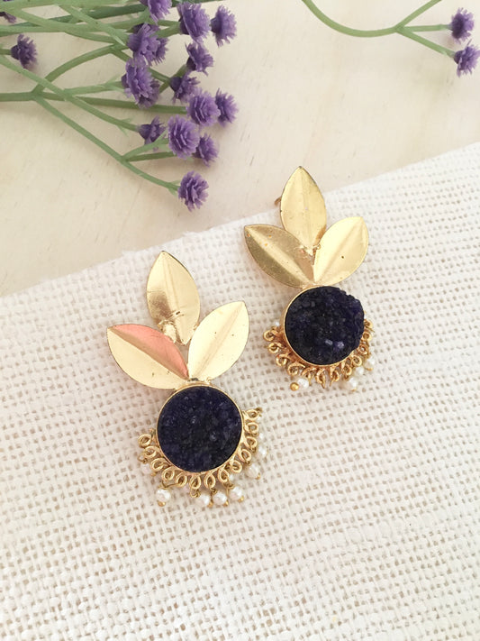 Navy Stone Leaf Earrings