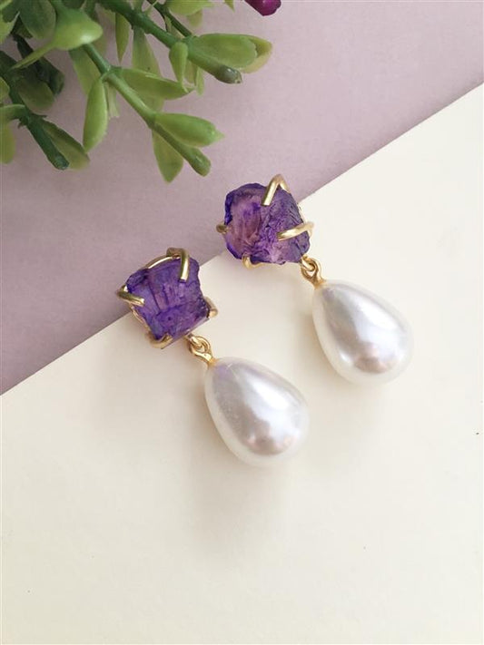 Golden Rough Stone Pearl Drop Earring