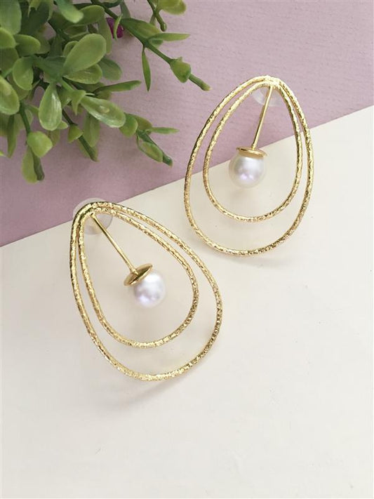 Golden Double Oval Pearl Stud Earring