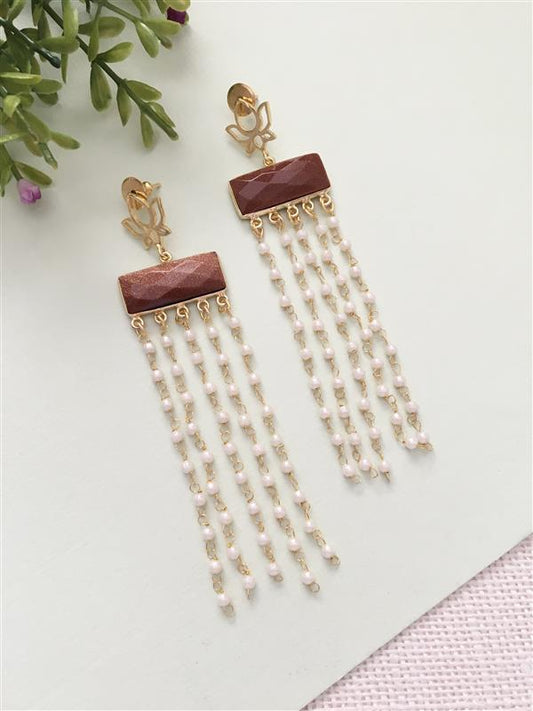 Goldstone Pearl Tassel Drop Earrings
