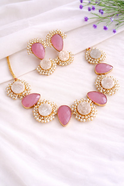 Rose Quartz & Pearl Statement Jewelry Set | BlissByTakshvi