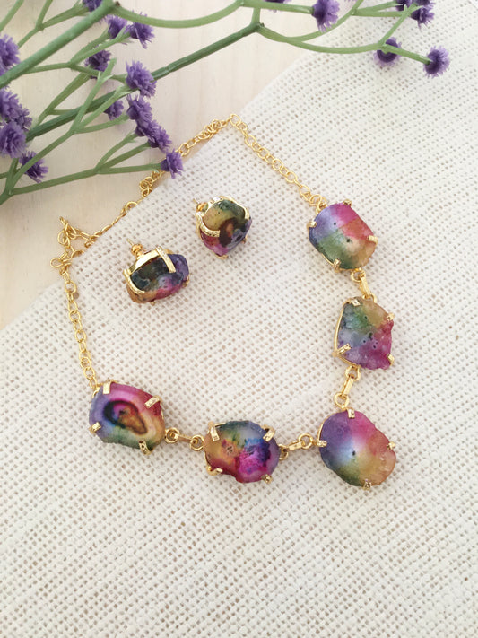 : Rainbow Druzy Stone necklace set