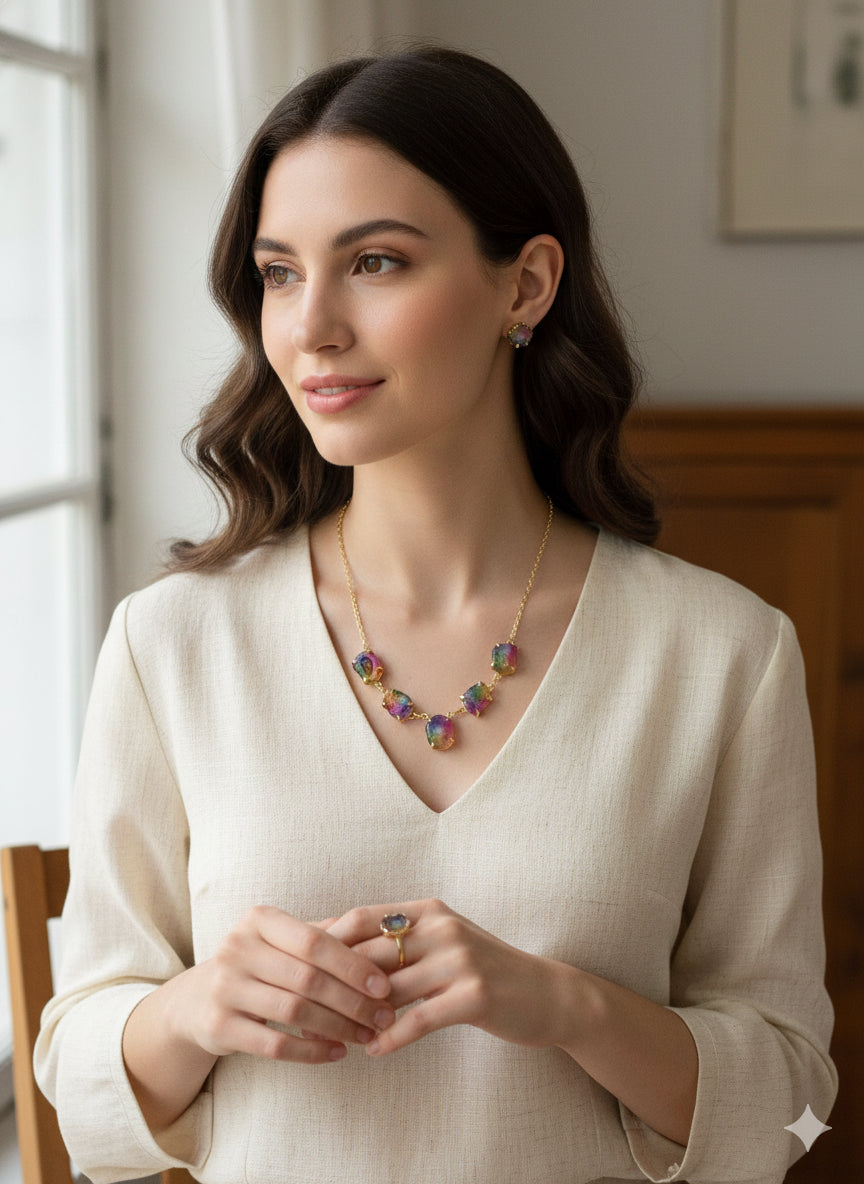 : Rainbow Druzy Stone necklace set