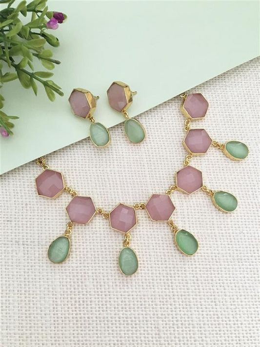 Pastel Hexagon and Teardrop Stone Necklace Set