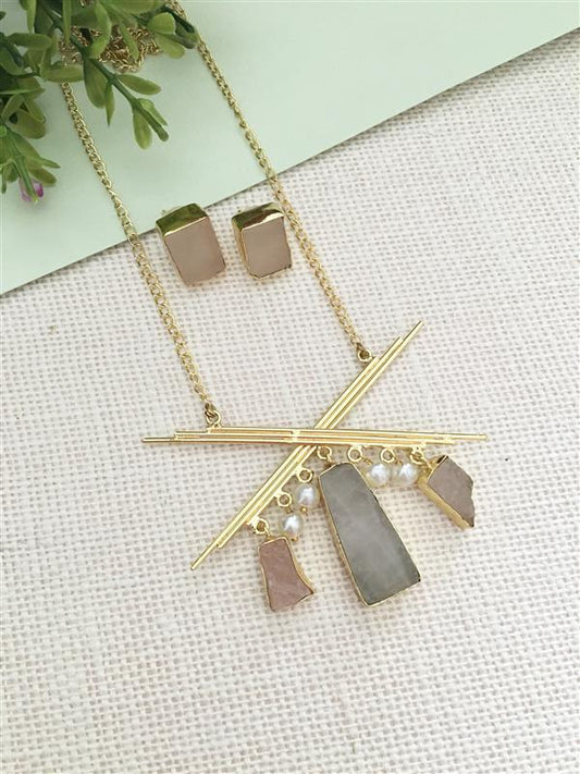 Geometric Raw Stone and Pearl Pendant Set