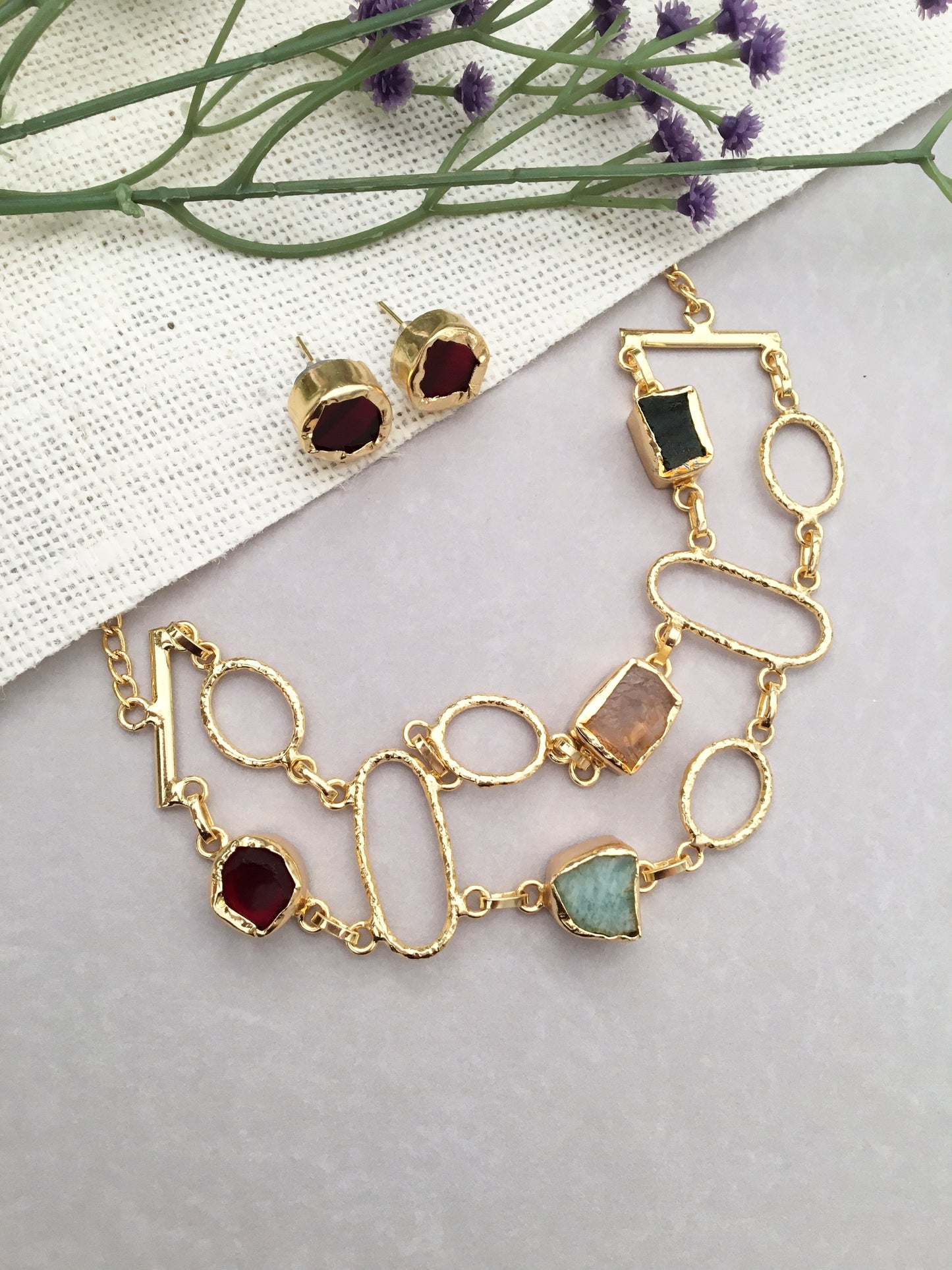 Aqua Stone Geometric Necklace & Stud Set