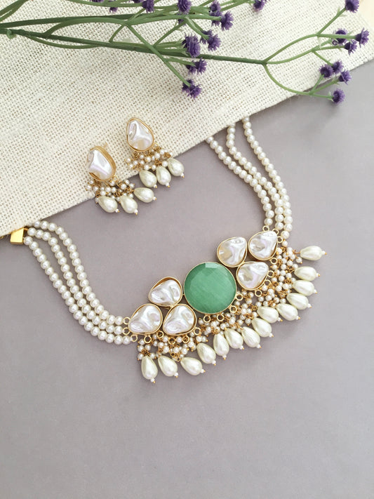 Green Stone  Pearl Layered Necklace Set