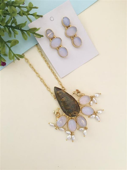 Real Stone Chain Pendant with Earrings