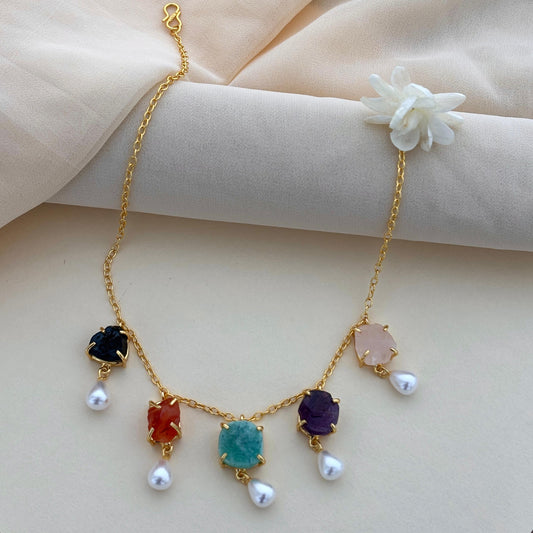 Rough Stone Necklace Multi With Drop Pearl