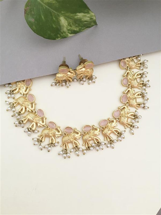 Golden Elephant Pearl Necklace Set