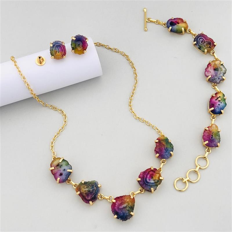 6pc Solar Quartz Set with Finger Ring, Bracelet, Necklace and Studs