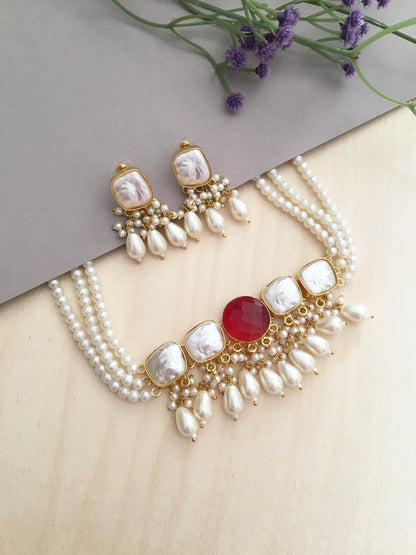Elegant Pearl & Stone Choker Necklace Set with Earrings | BlissByTakshvi