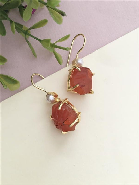 Pearl with Rough Stone Hook Earrings