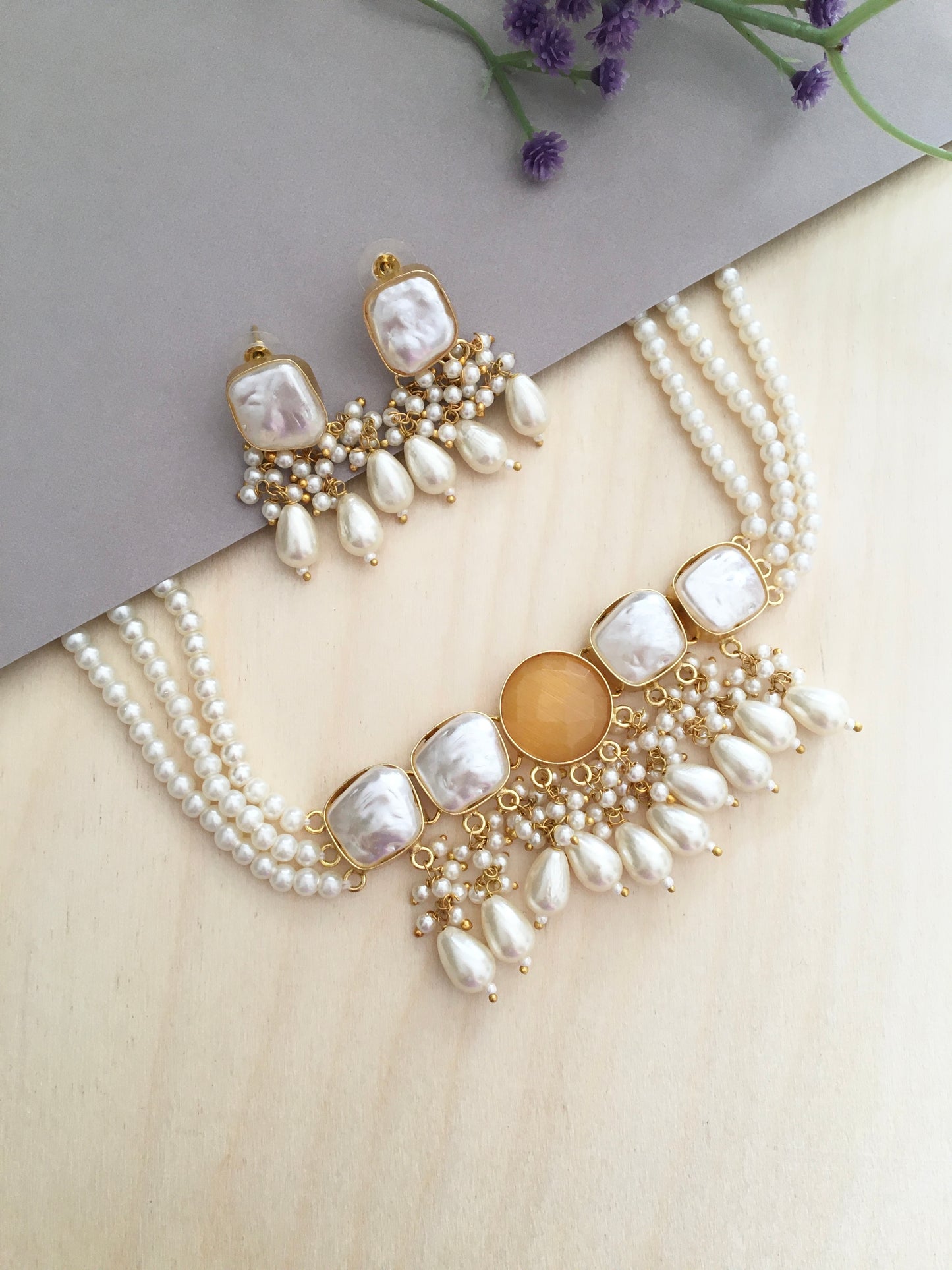 Elegant Pearl & Stone Choker Necklace Set with Earrings | BlissByTakshvi