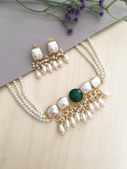 Elegant Pearl & Stone Choker Necklace Set with Earrings | BlissByTakshvi