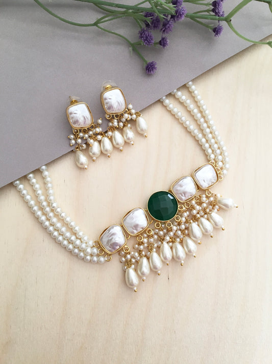 Elegant Pearl & Stone Choker Necklace Set with Earrings