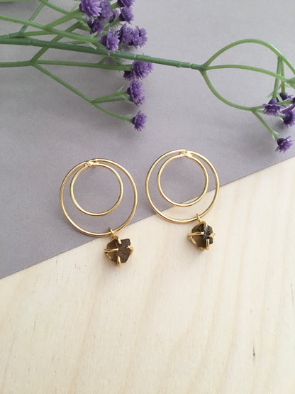 Gold Hoop Dangle Earrings with Raw Crystal