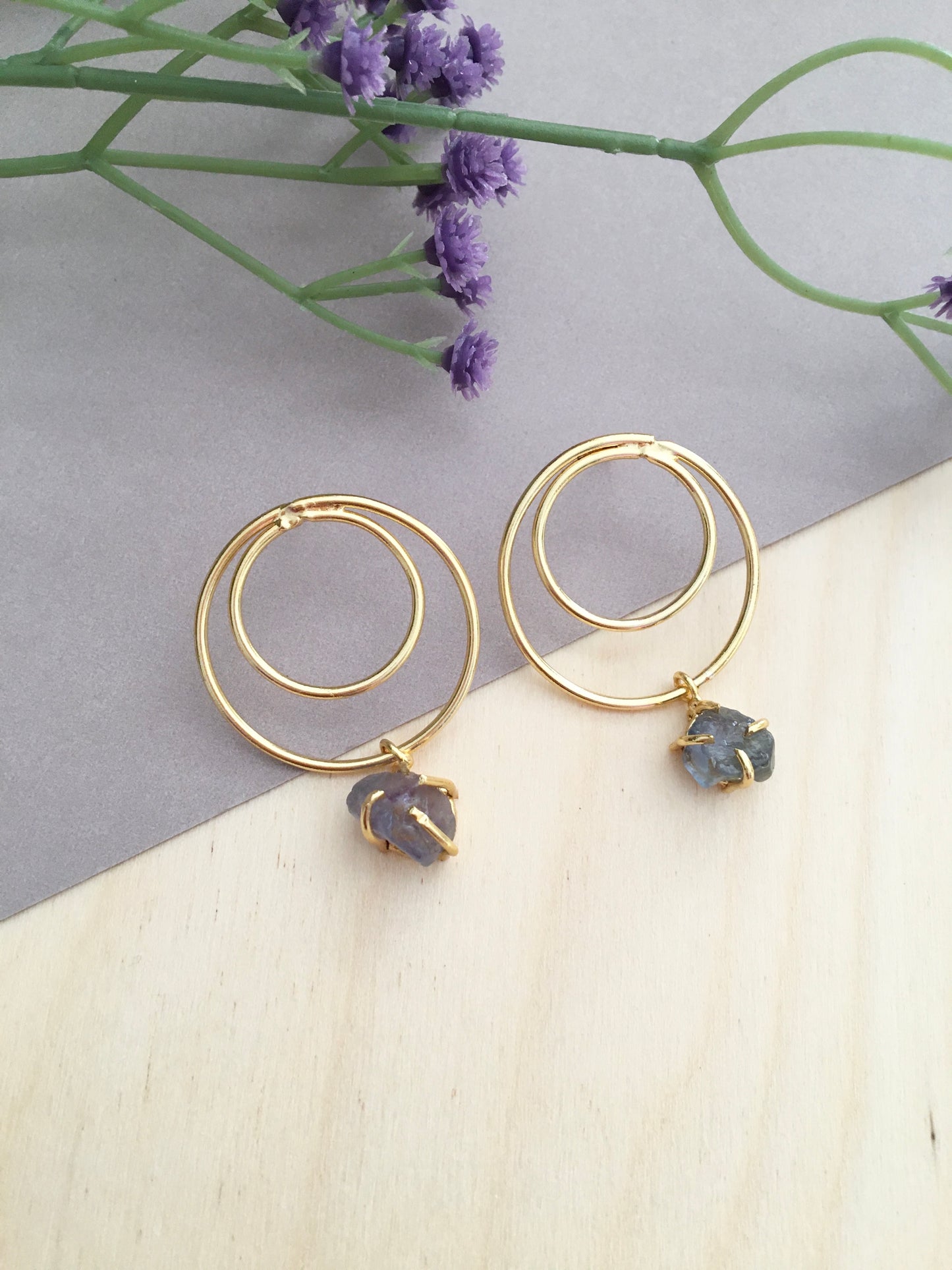 Gold Hoop Dangle Earrings with Raw Crystal