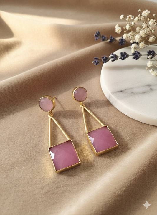 Elegant Pink Stone Geometric Drop Earrings