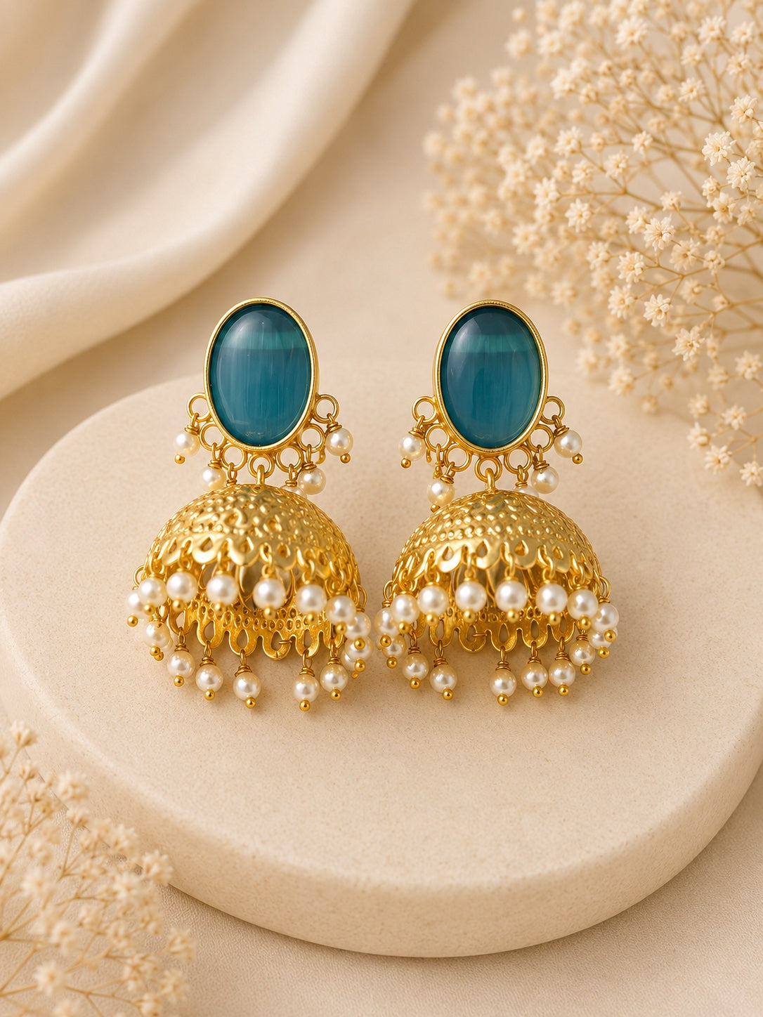 Azure Pearl Dome Jhumka Earrings | BlissByTakshvi