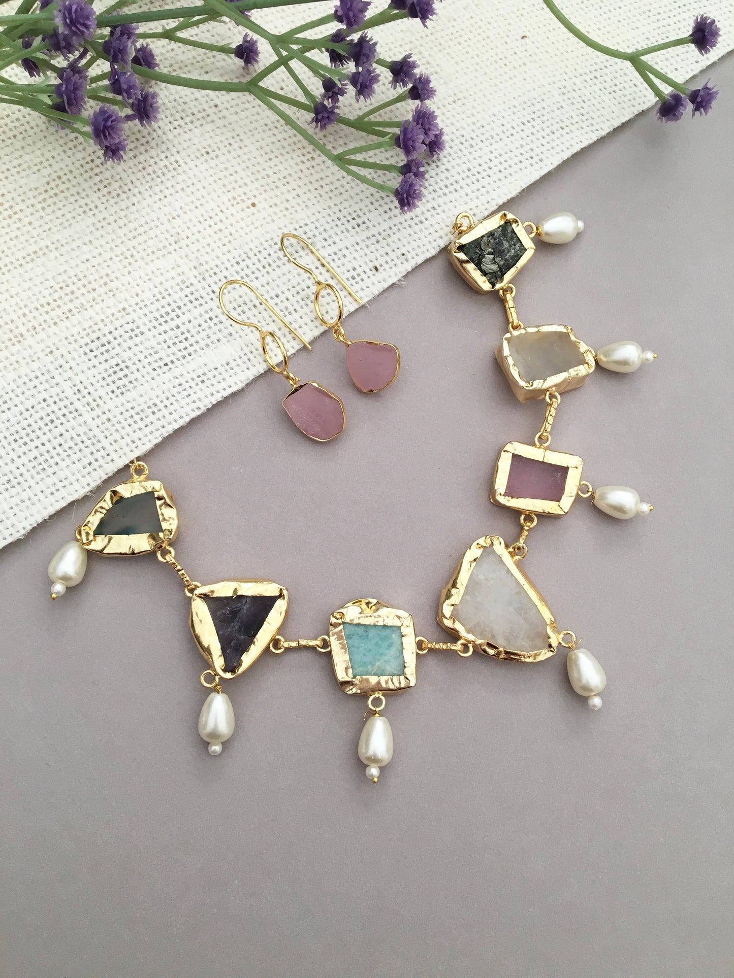 Multistone Pearl Drop Statement Necklace Set