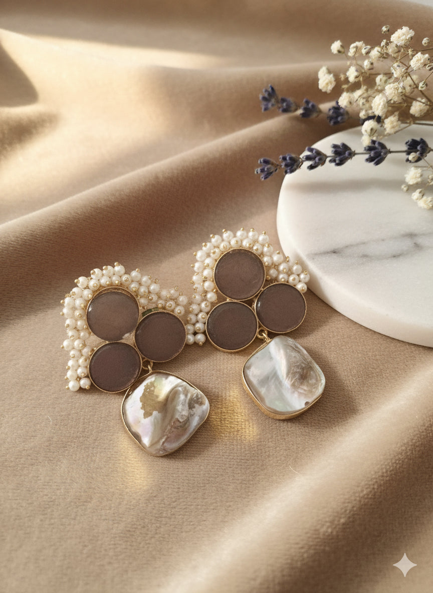 Handcrafted Pearl Cluster & Mother of Pearl Statement Earrings