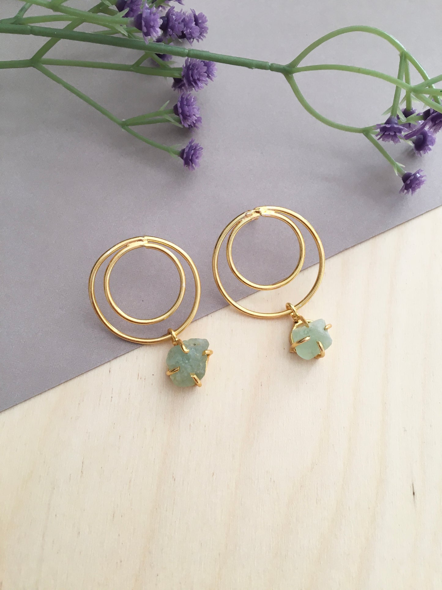 Gold Hoop Dangle Earrings with Raw Crystal