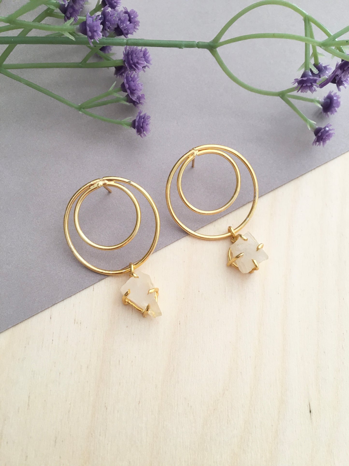 Gold Hoop Dangle Earrings with Raw Crystal