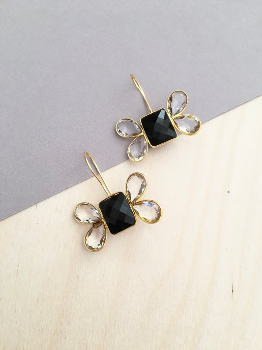 Faceted Black Gem Flower Earrings