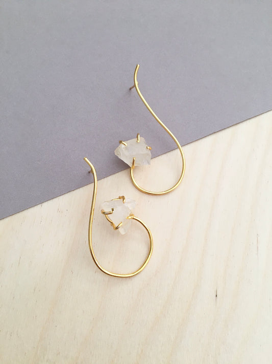 Gold Curve Earrings with Raw White Crystal