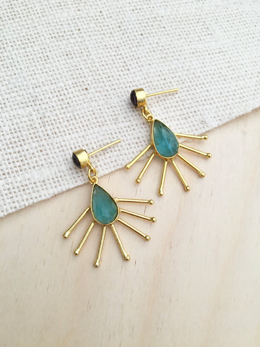 Sun Ray Statement Earrings with Green Gemstone