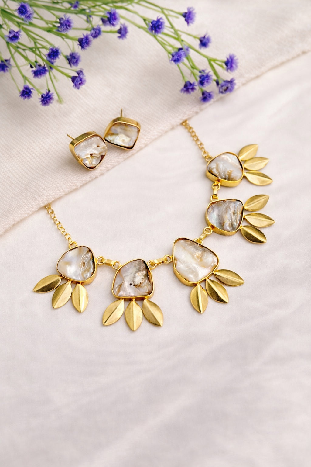 Mother of Pearl Statement Necklace Set in Brass | BlissByTakshvi