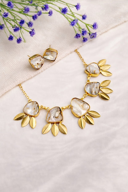 Mother of Pearl Statement Necklace Set in Brass | BlissByTakshvi
