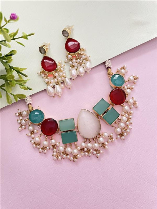 Ekta Glass Stone Pearl Choker Necklace Set