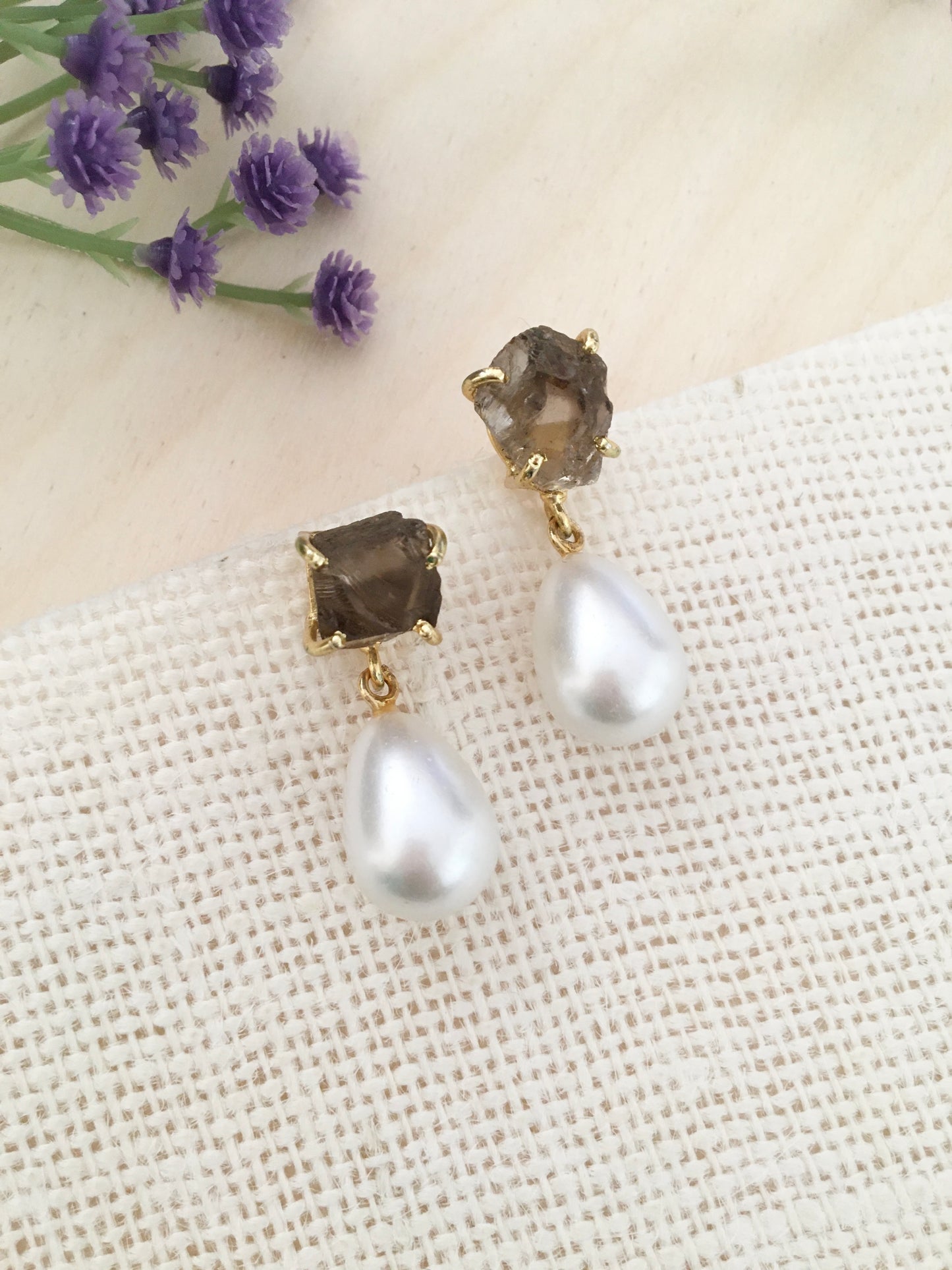 Raw Stone Pearl Drop Earrings