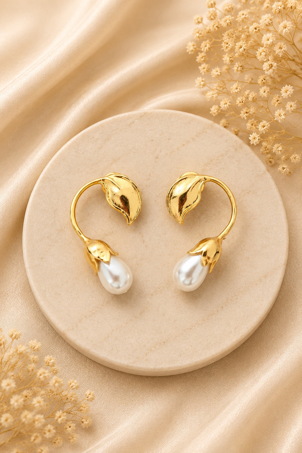 Golden Leaf Pearl Hoops