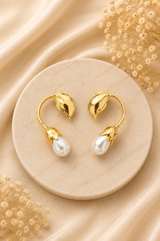 Golden Leaf Pearl Hoops