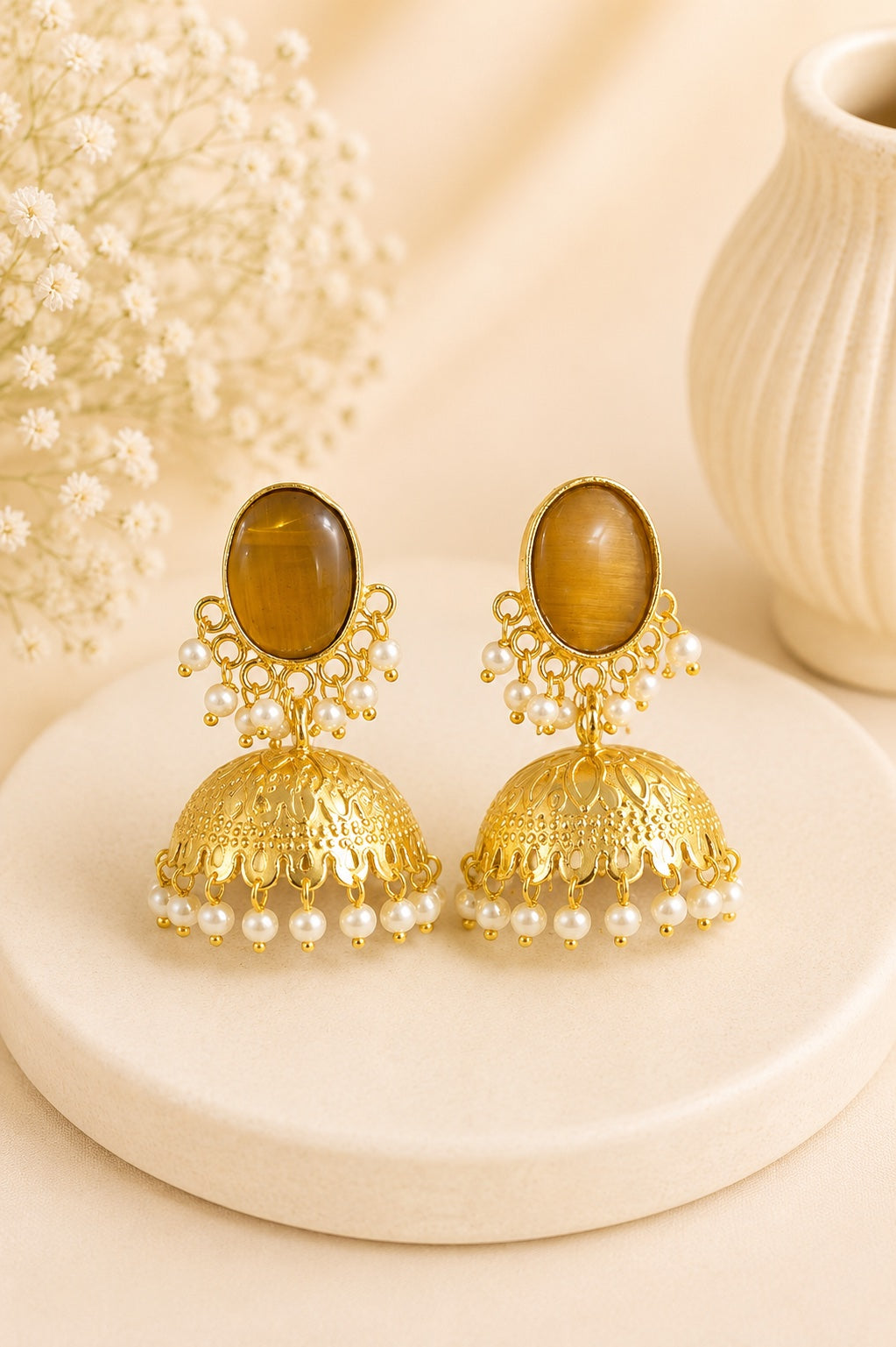 Ornate Pearl Dome Jhumka Earrings