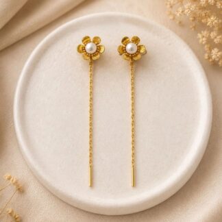 Brass-Plated Stones Studded And Pearls Beaded Floral Drop Earrings – Gold