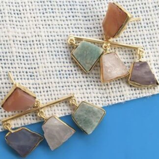 Brass-Plated Stones Studded And Beaded Geometric Drop Earrings – Gold